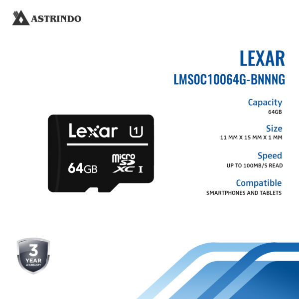LEXAR MicroSD C10 SDXC/SDHC UHS-I 64GB Memory Card up to 100MB/s (LMS0C10064G-BNNNG)
